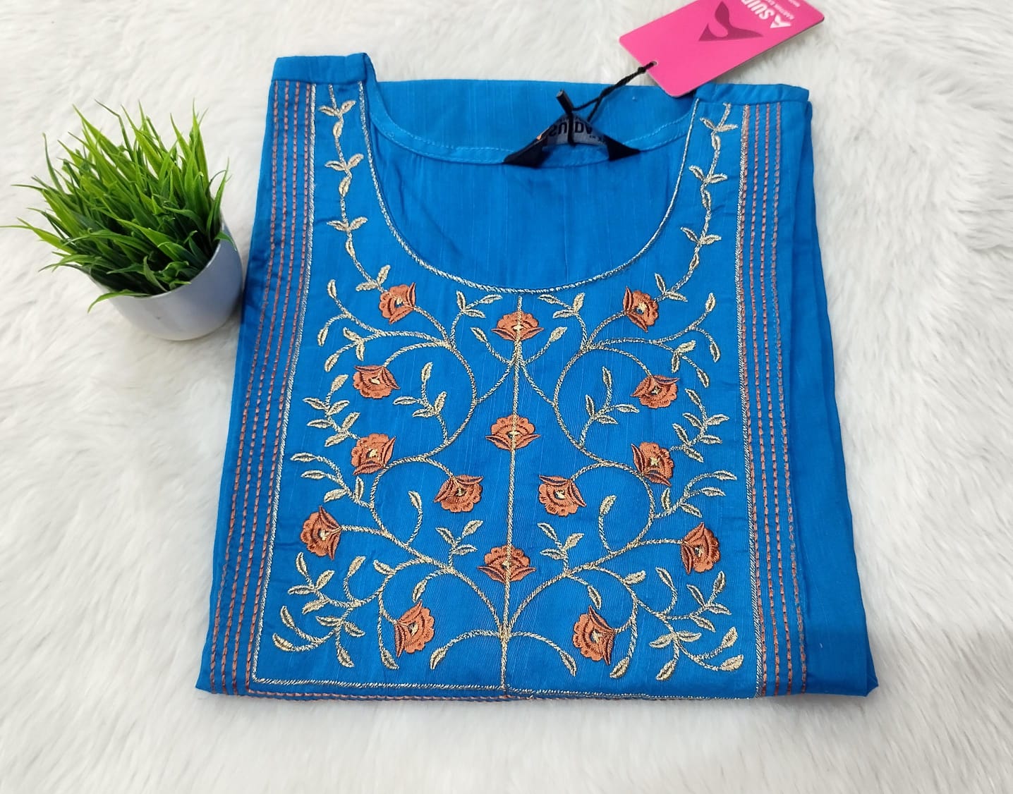 Office Wear Embroidery Kurtis - french-blue