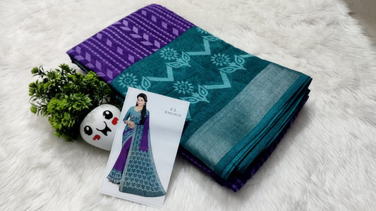linen cotton sarees - emerald-violet-fusion