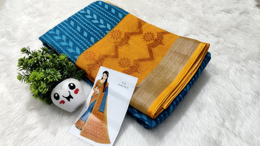 linen cotton sarees set - ocean-blue-goldenrod-dream