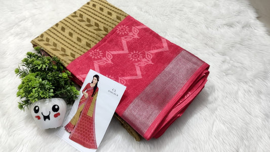 linen cotton sarees set - pink-khaki-bloom